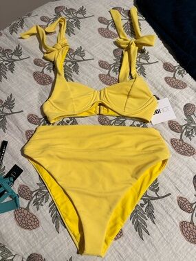 Yellow High-Waist Ribbed Bikini Set - SIZE: TOP M, BOTTOMS XL